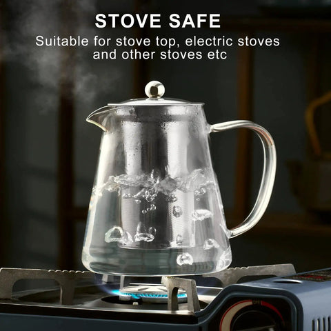 Stovetop Safe Glass Teapot 550ml With Removable Stainless Steel Infuser boiling on stove