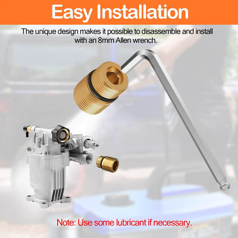 M20 To M22 Water Outlet Fitting For Pressure Washers - 7110264 Replacement, brass fitting and Allen wrench shown