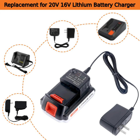 Replacement 20V 16V Lithium Ion Battery Charger For Black And Decker with plug and cable, focus on charging unit design.