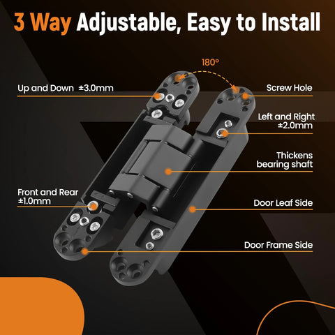 7 Inch Invisible Door Hinge Set For Heavy Doors With 180 Degree Concealed Opening 3 Way Adjustable High Load Capacity Black Finish