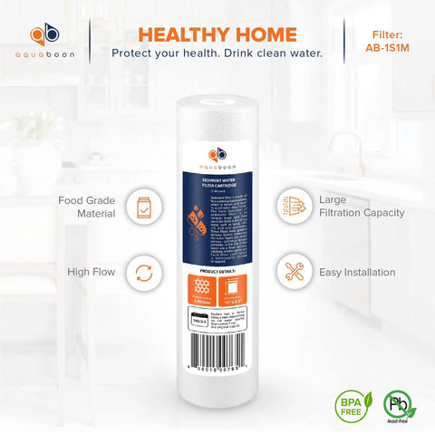 1 Micron Whole House Sediment Filter 10x2.5 Inch Replacement Cartridges for RO and Well Water in kitchen setting.