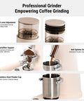 Top Shelf Electric Burr Coffee Grinder With 60 Precision Settings And 80G Single Dose Hopper Kicking Out Smooth Grinds For Espresso Drip French Press Or Cold Brew Brewing With Anti Static Design For Zero Hassle, showcasing 60 level adjustment and stainless steel powder cup.