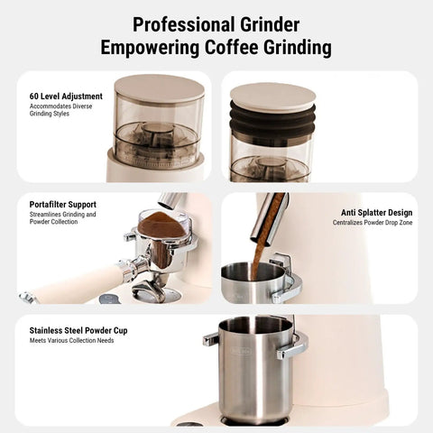 Top Shelf Electric Burr Coffee Grinder With 60 Precision Settings And 80G Single Dose Hopper Kicking Out Smooth Grinds For Espresso Drip French Press Or Cold Brew Brewing With Anti Static Design For Zero Hassle, showcasing 60 level adjustment and stainless steel powder cup.