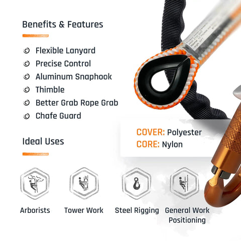 Arborist Lanyard For Tree Work Half Inch Polyester Rope With Fully Adjustable Length To Ten Feet Aluminum Snap Hook