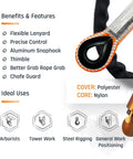 Flexible lanyard features, benefits, and uses displayed with aluminum snap hook detail; Arborist Positioning Lanyard for Tree Climbing, Built Tough Heavy Duty Half Inch Polyester Rope, Fully Adjustable to Ten Feet, Aluminum Snap Hook, High Visibility Orange, ANSI OSHA Certified Work Positioning Gear visible.