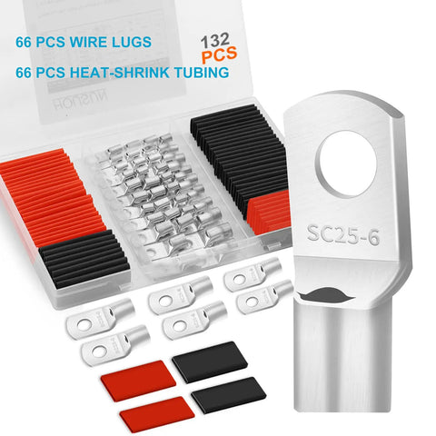 132 Piece Battery Terminal Connectors Kit For 4 6 8 10 AWG Wire With Copper Ring Terminals Tinned Ends And Heat Shrink Tubing