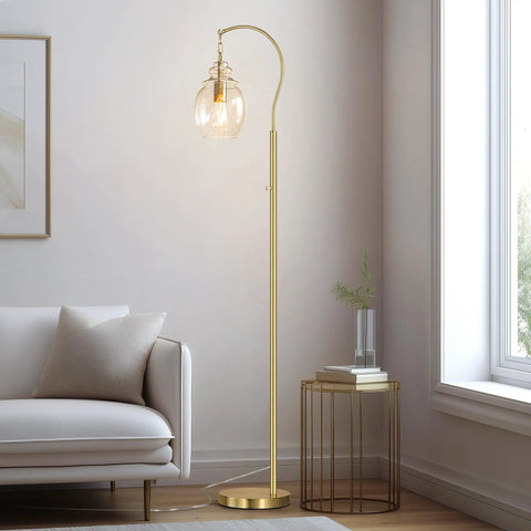 Gold Modern Floor Lamp With Globe Glass Shade, 68 Inch Tall Mid Century Standing Lamp For Living Room And Bedroom, Antique Brass Finish