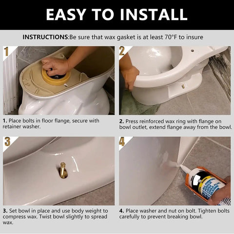 Installation steps for Extra Thick Toilet Wax Ring Kit With Bolts for 3 or 4 inch waste lines, sealing and tightening process.