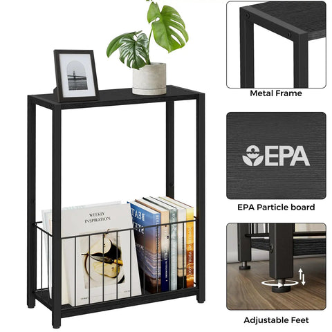 Slim End Table With Magazine Holder And Iron Storage Basket Quick Fix For Tight Squeeze And Tiny Pad Or Dorm Room Accent Furniture Solid Build And Easy Setup, 23.6H inches with black metal frame.