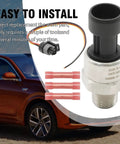 Oil Pressure Sensor Transducer With Harness Kit 0 To 150 Psi Range 1 Quarter Inch NPT Thread Stainless Steel Replacement For Oil Air Fuel Gas Water Easy Install, shown with car for size reference and wiring harness components.
