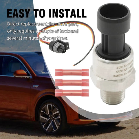 Oil Pressure Sensor Transducer With Harness Kit 0 To 150 Psi Range 1 Quarter Inch NPT Thread Stainless Steel Replacement For Oil Air Fuel Gas Water Easy Install, shown with car for size reference and wiring harness components.