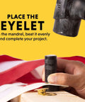 Using Half-Inch Grommet Tool Kit With 12 Solid Brass Grommets for tarps, showing mandrel and mallet installation process