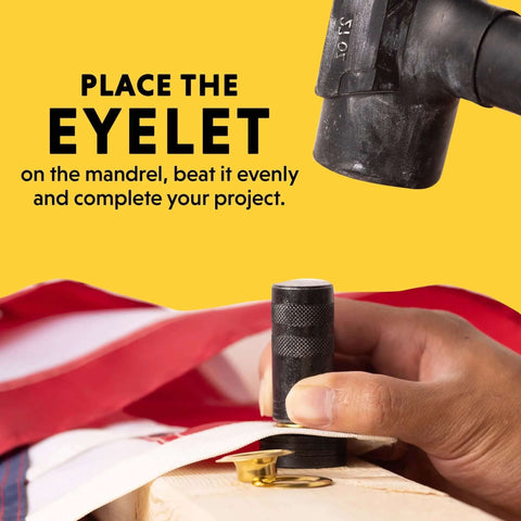 Using Half-Inch Grommet Tool Kit With 12 Solid Brass Grommets for tarps, showing mandrel and mallet installation process