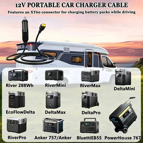 Heavy Duty 12V 24V Car Charger Cable With Xt60 Connector, 10FT, for EcoFlow Bluetti and Anker portable power stations.