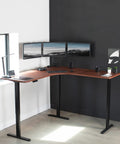 VIVO Corner Standing Desk In Dark Walnut L Shaped Electric Height Adjustable Workstation With Monitor Mount spacious 71 inch wide surface for home office dual screens.