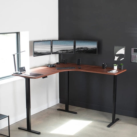 VIVO Corner Standing Desk In Dark Walnut L Shaped Electric Height Adjustable Workstation With Monitor Mount spacious 71 inch wide surface for home office dual screens.