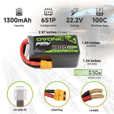 6S 1300mAh 100C LiPo Battery With XT60 Connector For RC FPV Racing Drones And Quadcopters 22.2V Beefy Punchy Power Pack In Soft Case displayed