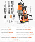Front view of VEVOR magnetic drill press with orange body and black handles; includes 6 drill bits and accessories.