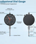 Front and back view of a dial indicator showing dimensions, part labels, and measurement details.