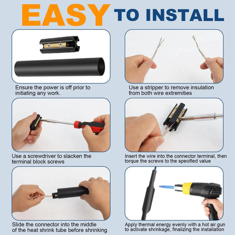 Guide for installing Heavy Duty Underground Wire Splice Kit For 14/3 To 8/3 UF Cables 600V Direct Burial With Waterproof Heat Shrink Connectors.
