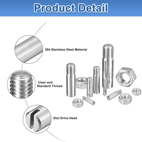 Slotted Cylindrical Pin Set M3 x 30mm With Nuts, 304 Stainless Steel Dowel Pins External Thread Locating Pins For Cabinet And Furniture Installation, 5 Pack Ready To Install