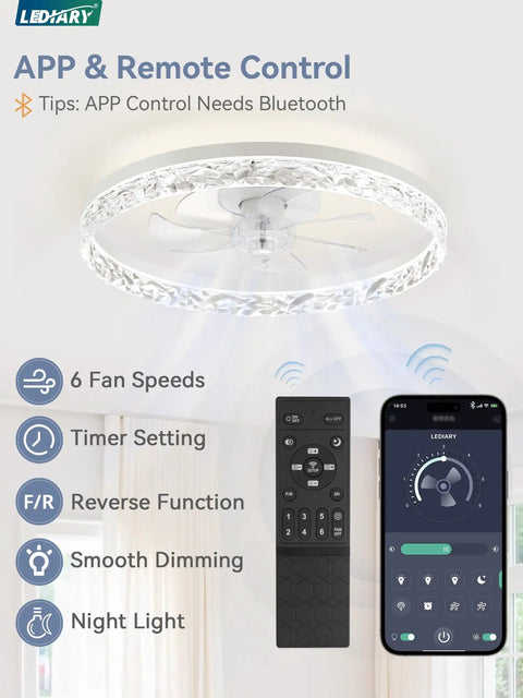 Top Tier 20 Inch Modern Ceiling Fan With Integrated LED Lights And Smart Remote App Control displaying remote and app features.