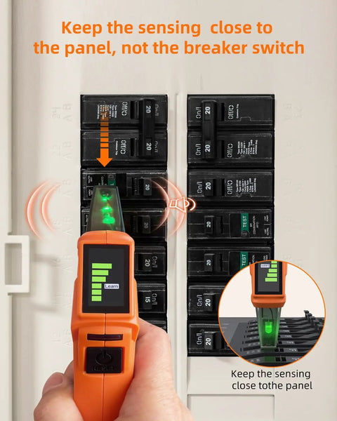 One Stop Electrical Tester Kit With Circuit Breaker Finder GFCI Outlet Tester And Digital LCD Display in use on breaker panel