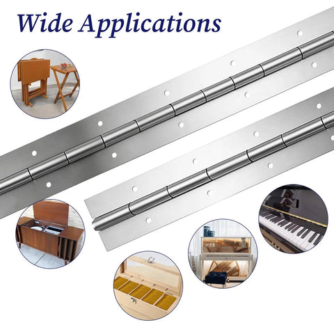 Heavy Duty Stainless Steel Piano Hinges, 2 Inch By 20 Inch Continuous Cabinet Hardware displayed with various applications.