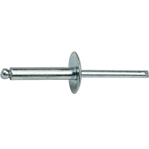 Heavy Duty Workhorse Large Flange Pop Rivets 1/4 X 3/4 Inch Zinc Coated Steel Twenty Five Pack viewed side profile, showing rivet design.