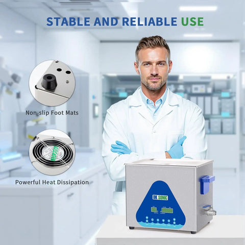 Scientist with Ultrasonic Cleaner 10L 240W Heavy Duty Parts Cleaner with Heater and Timer in laboratory setting