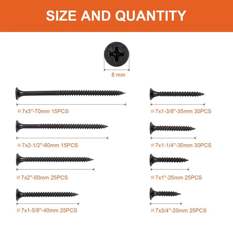 Pro Grade Drywall Screws Set With 190 Pcs Black Steel Self Tapping Phillips Screws Eight Size Assortment Sharp Point And Deep Threads