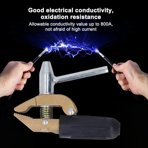 Practical 800 Amp Grounding Brass Welding Clamp With Durable Rubber Sleeve For Heavy Duty Metal Fabrication Jobs And Easy Installation On Various Surfaces Right Now holding electricity with black wire.