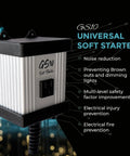 GS10 Soft Starter For Power Tools Universal Inrush Guard With Four User Presets shown with features like noise reduction.