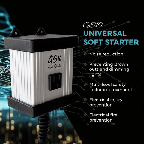 GS10 Soft Starter For Power Tools Universal Inrush Guard With Four User Presets shown with features like noise reduction.