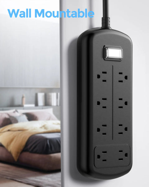 Eight Outlet Outdoor Power Strip With Weatherproof Surge Protector And Six Foot Extension Cord, black, wall mounted