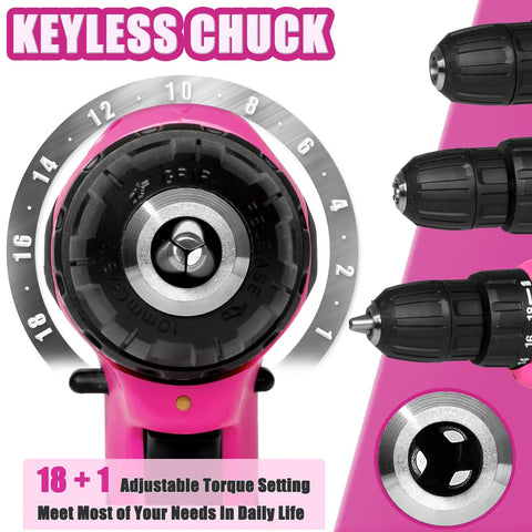 Close-up of keyless chuck and torque settings on Pink Drill Set For Women 137 Piece Home Tool Kit With 12V Cordless Drill Charger
