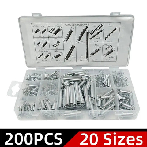 Premium 200 Pcs Hardware Tension Spring Compression And Extension Kit Perfect For Home Repairs DIY Gadgets Electrical Projects With Solid Performance. 200-piece spring set in plastic case, 20 sizes, metal compression and extension springs