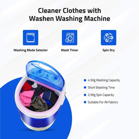 Portable Mini Single Tub Washer For Small Clothes Under 1.2Kg, open view with clothes, washing mode icons visible