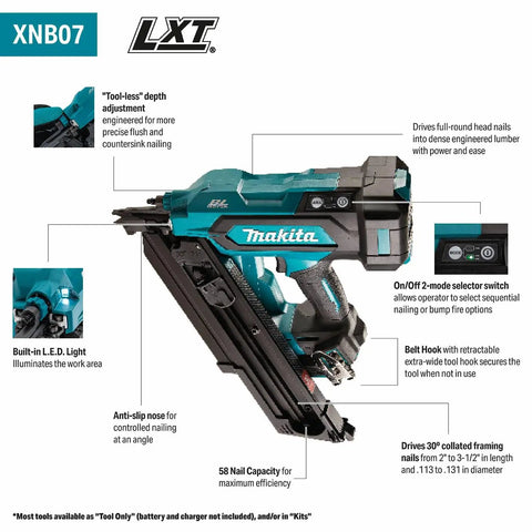 18V LXT Cordless Framing Nailer With Thirty Degree Clipped Head Drive, Three And A Half Inch Nails, Tool Only, features and details