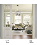 Modern Black 24 Inch Farmhouse Crystal Chandelier With 6 Lights, K9 Crystal String Drops, shown in a bright living room