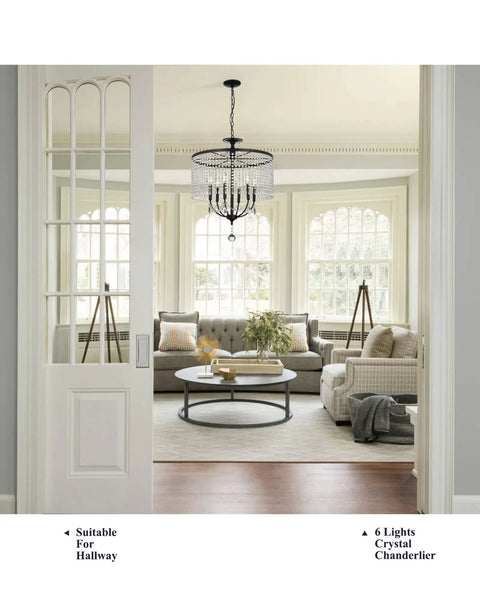 Modern Black 24 Inch Farmhouse Crystal Chandelier With 6 Lights, K9 Crystal String Drops, shown in a bright living room