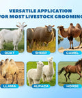 Heavy Weight Electric Sheep Shears Featuring 1200W Motor And 3800 Rpm Output shown with livestock animals including sheep, goats, and llamas.
