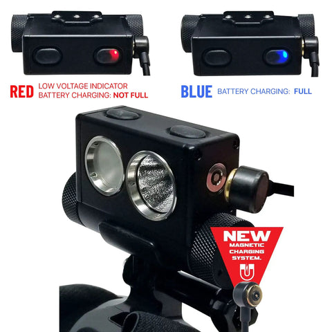 HL-10 Explorer Rechargeable LED Headlamp with 2500 lumens, showing red and blue charging indicators and magnetic charging system.