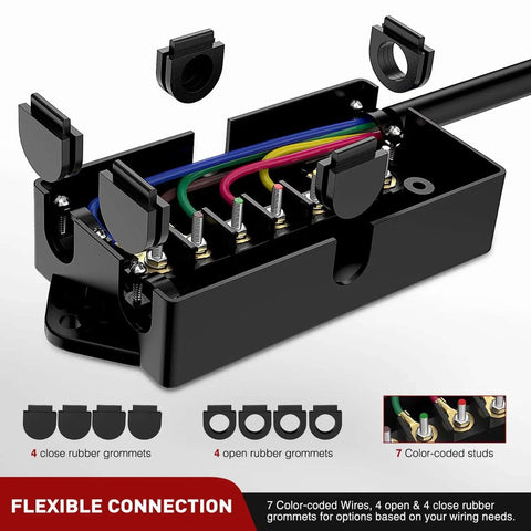 Heavy Duty 7 Way Inline Trailer Plug With 16 Feet Copper Blade Connector Cable Wiring Harness And Weatherproof 7 Pole Junction Box open view