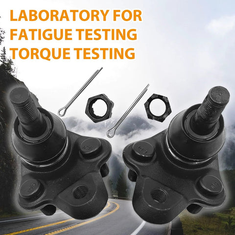 Front view: two front lower ball joints with cotter pins and nuts for automotive suspension