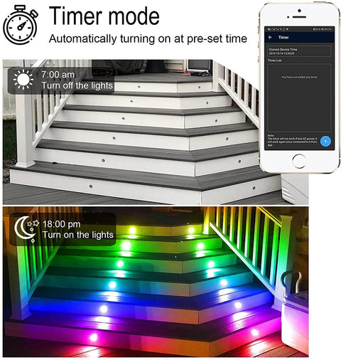 Lit Multicolor RGBIC Deck Lights With WiFi Control on Steps, Waterproof IP67 Recessed 45mm Fixtures, 12V, Timer Mode