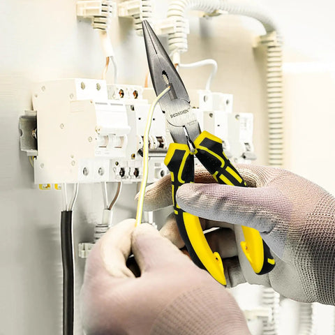 8 Inch Needle Nose Pliers With Spring Loaded Action And Side Cutters For Jewelry Making Precision Long Nose Pliers With Wire Cutters Pro Grade Heavy Duty Tool used by gloved hands for electrical work.