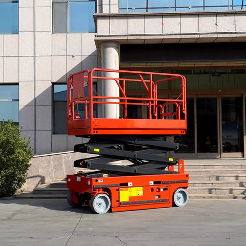 Heavy Duty Scissor Lift Platform For Smooth Station Connection And Quick Material Height Adjustment Transform Your Workshop Workflow While Safely Moving Big Loads With Zero Sweat Now in front of a building.