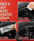 Steps showing Gloss Black Wheel Scratch Repair Kit For Curb Rash And Scuffs, DIY Alloy Wheel Repair, Rim Paint Pen application