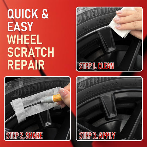 Steps showing Gloss Black Wheel Scratch Repair Kit For Curb Rash And Scuffs, DIY Alloy Wheel Repair, Rim Paint Pen application